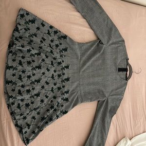 ZARA, modest grey dress with green flowers at the,